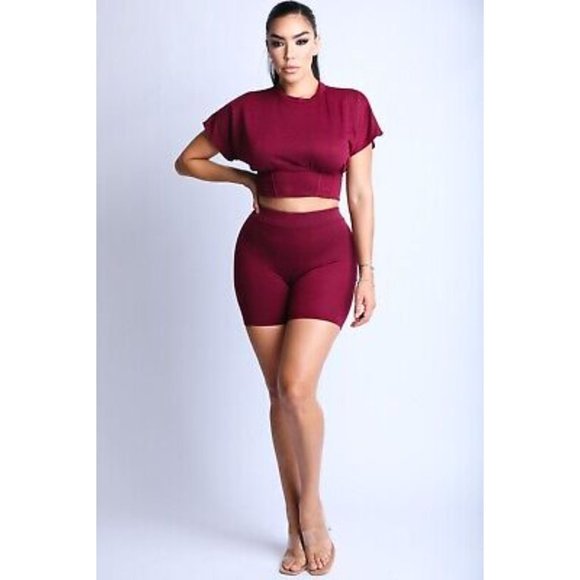 Women's Short Sleeves Corseted Top And Matching Biker Shorts 2 Piece Outfit Set - Picture 2 of 8